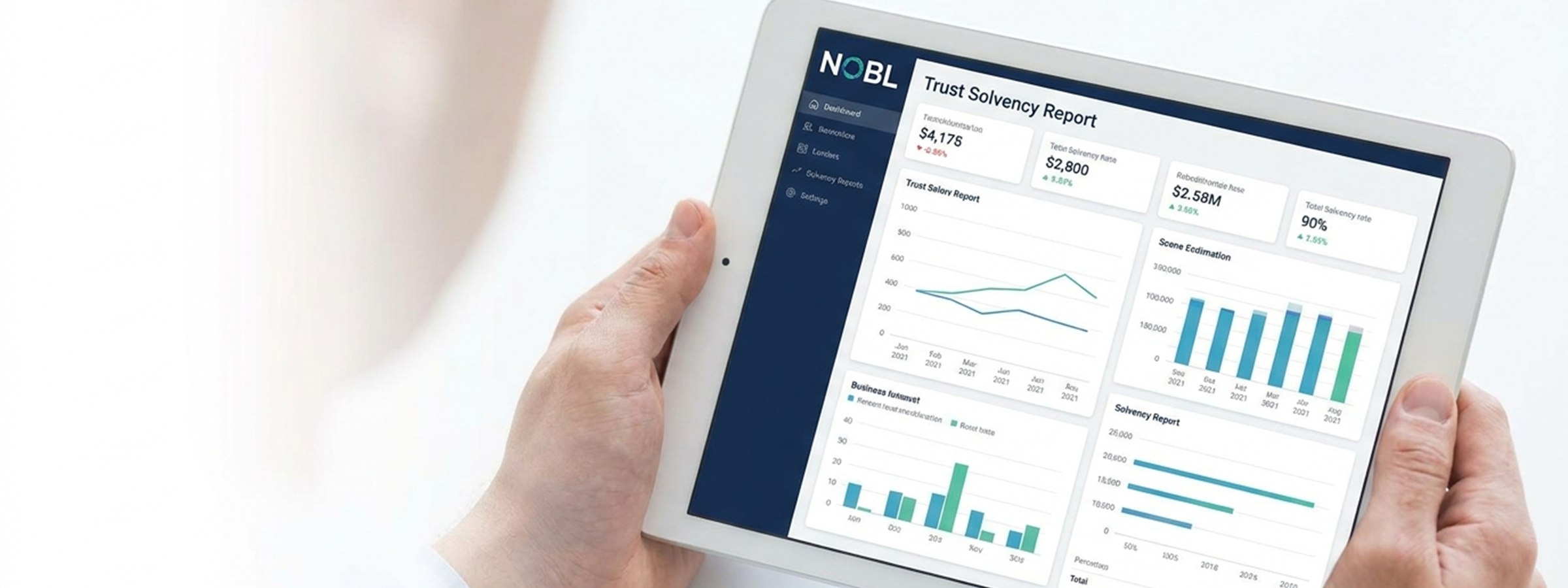 Hands holding a tablet showing a NOBL trust solvency report dashboard